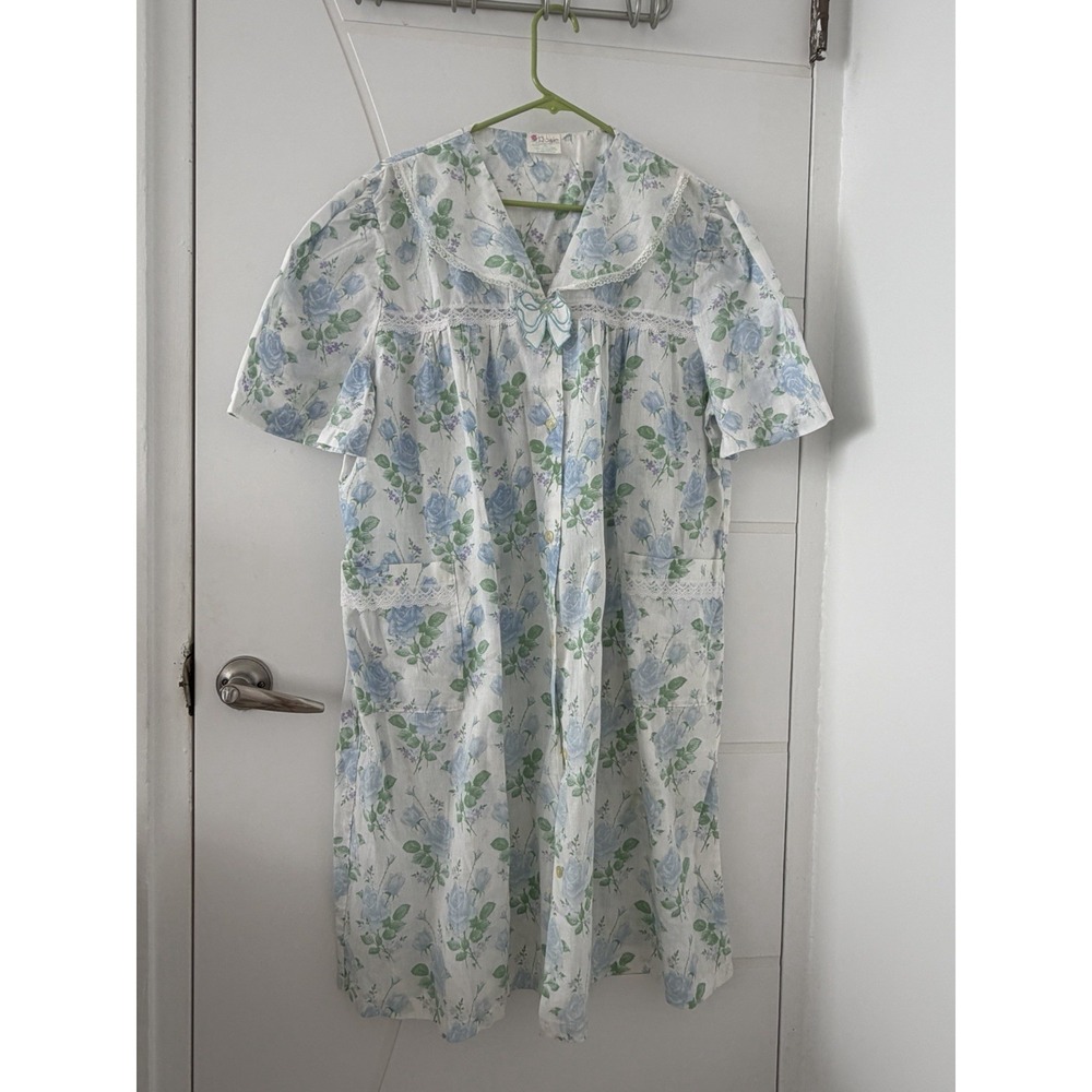 Vtg Rosie House Dress Nightgown XXL Blue Floral Bow Lace Trim Short Sleeve